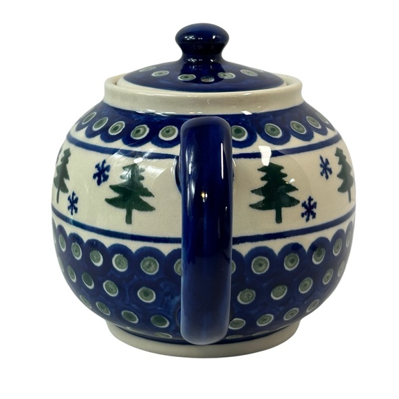 Boleslawiec Polish Pottery Teapot with Lid Pine Trees Snowflakes Poland EUC - Picture 3 of 10